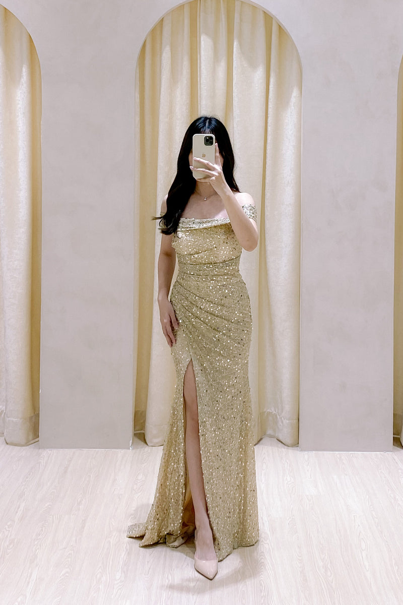 Arya Gold Off Shoulder Sequin gown