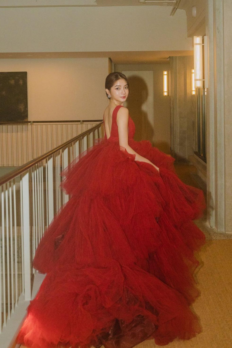 Nicole Red Tiered Tulle Ballgown