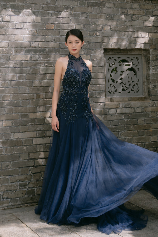 Cassie Halter Mermaid Navy Cheongsam Gown