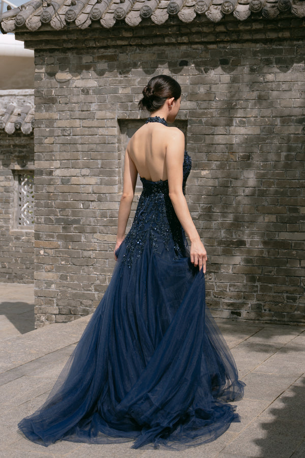 Cassie Halter Mermaid Navy Cheongsam Gown