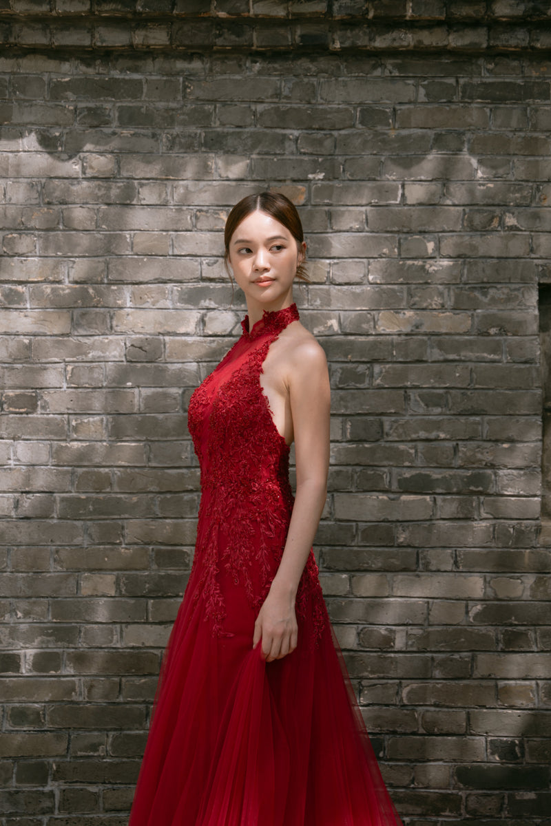 Cassie Halter Mermaid Red Cheongsam Gown