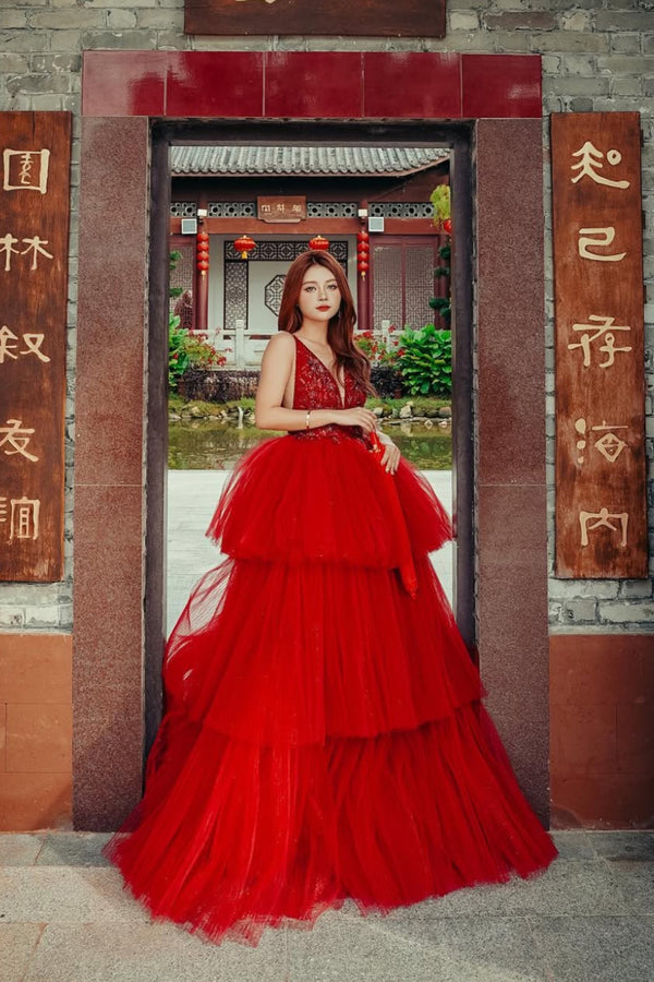 Elif Red Tiered Gown