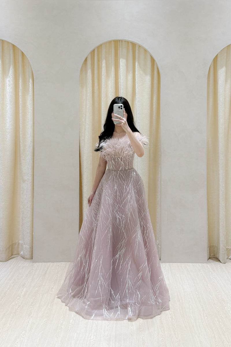 Furry Feather Glitters Pink Ballgown