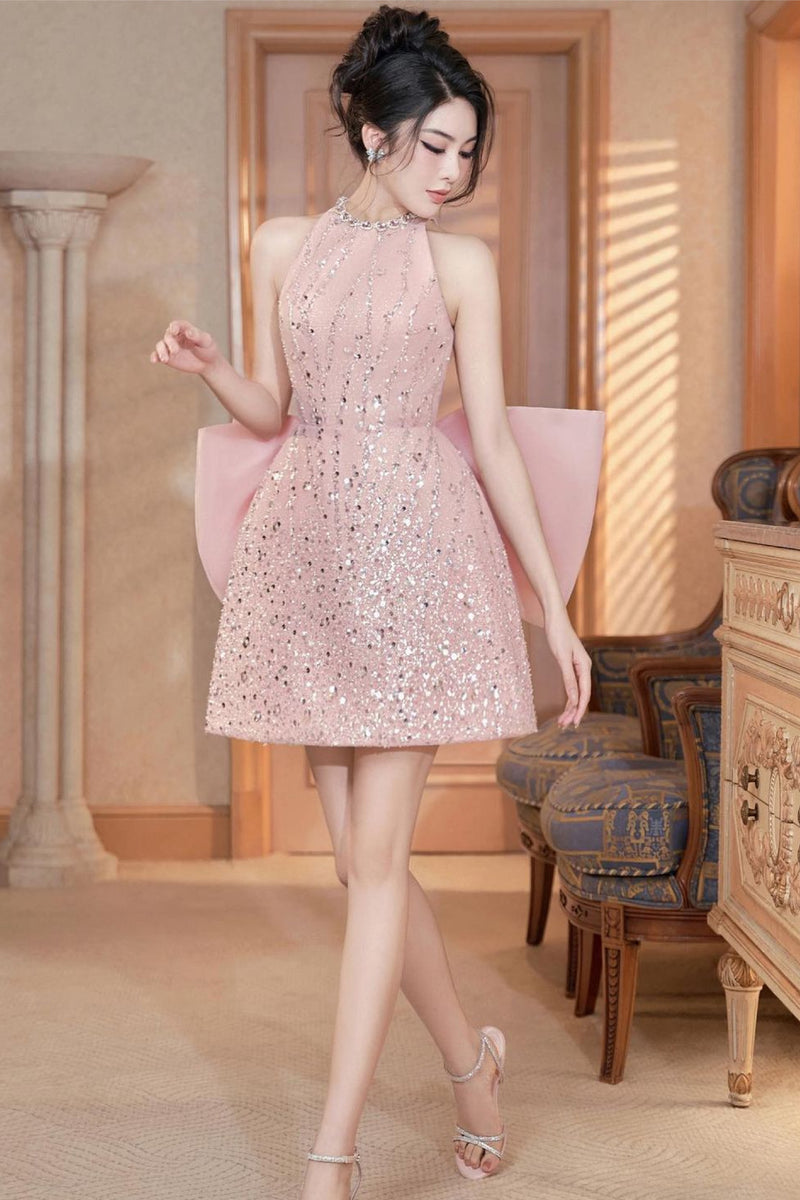 Lovelyn Anna Halter Pink Bow Mini Gown