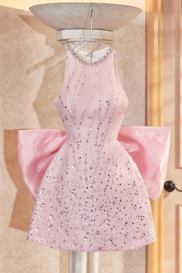 Lovelyn Anna Halter Pink Bow Mini Gown