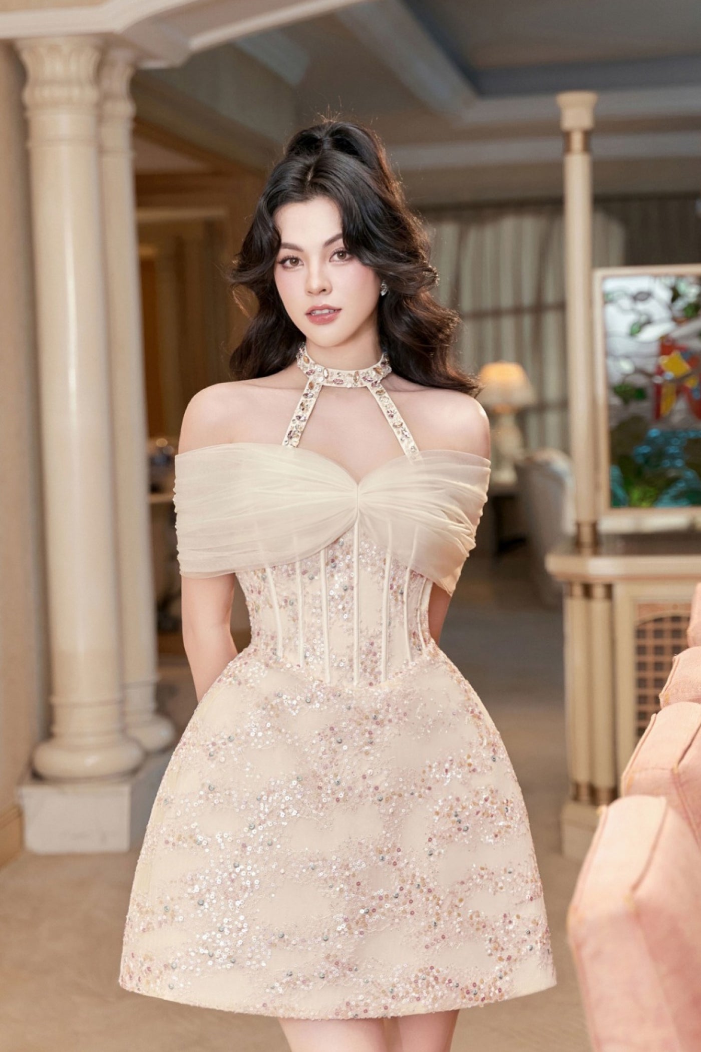 VD Lovelyn Ella Halter Beige Mini Gown GlamEdge Dress & Gown VD Lovelyn Ella Halter Beige Mini Gown GlamEdge Dress & Gown