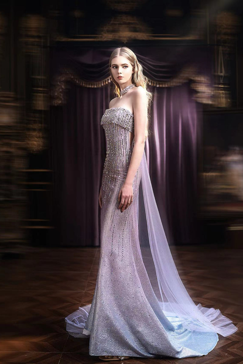 purple gradient dress Glitter Purple Gradient Ruched Ball Gown with Bow Long Prom Dress