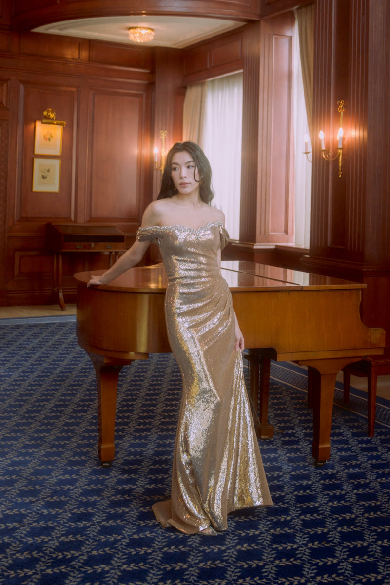 Sofia Copper Gold Off Shoulder Gown GlamEdge Dress & Gown Sofia Copper Gold Off Shoulder Gown GlamEdge Dress & Gown