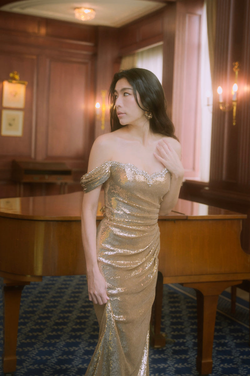 Sofia Copper Gold Off Shoulder Gown