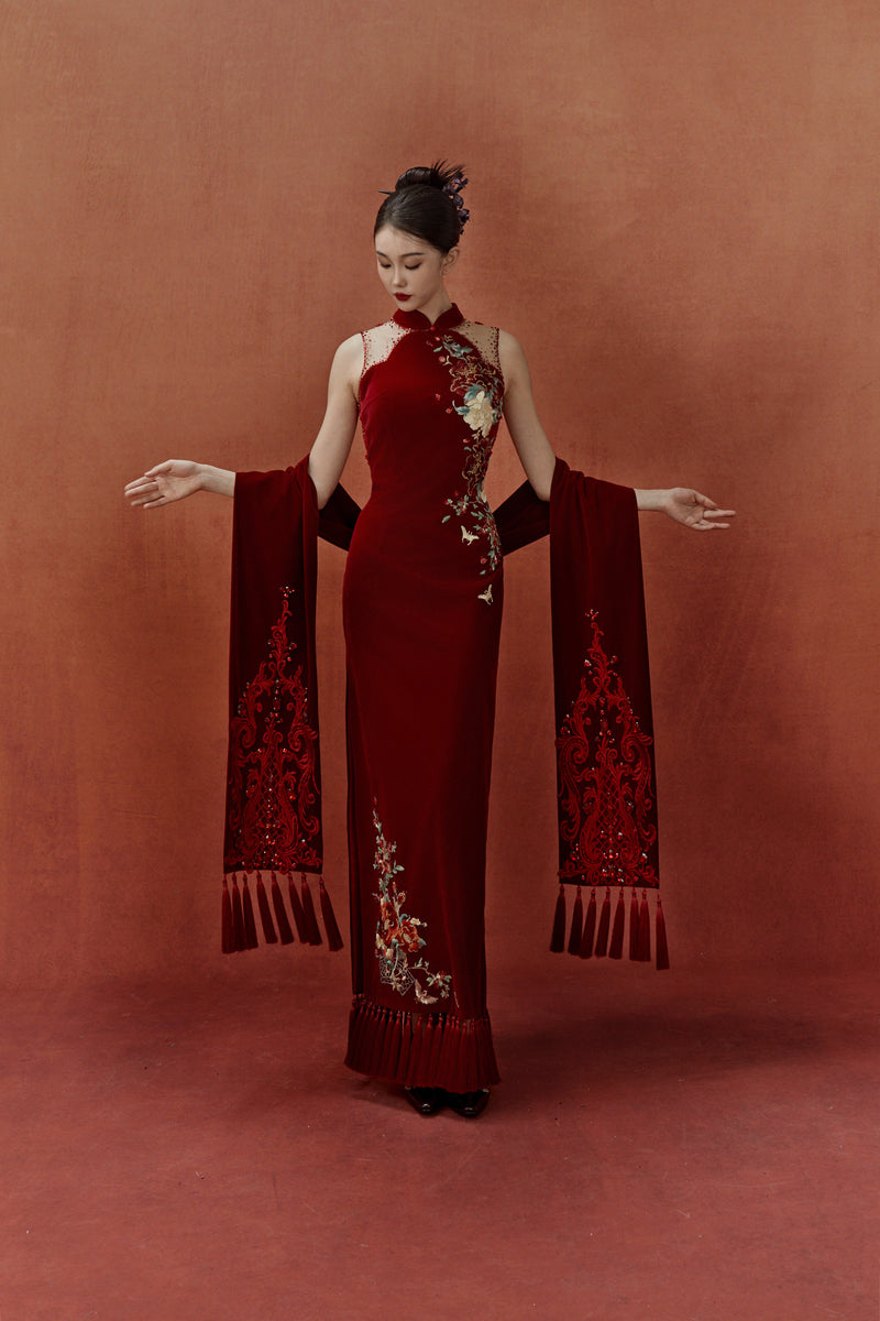 SC Peony Red Velvet Cheongsam with Scarf