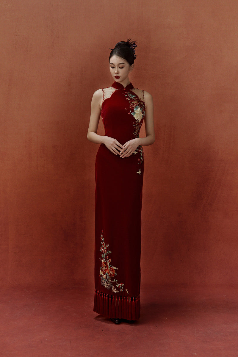 SC Peony Red Velvet Cheongsam with Scarf