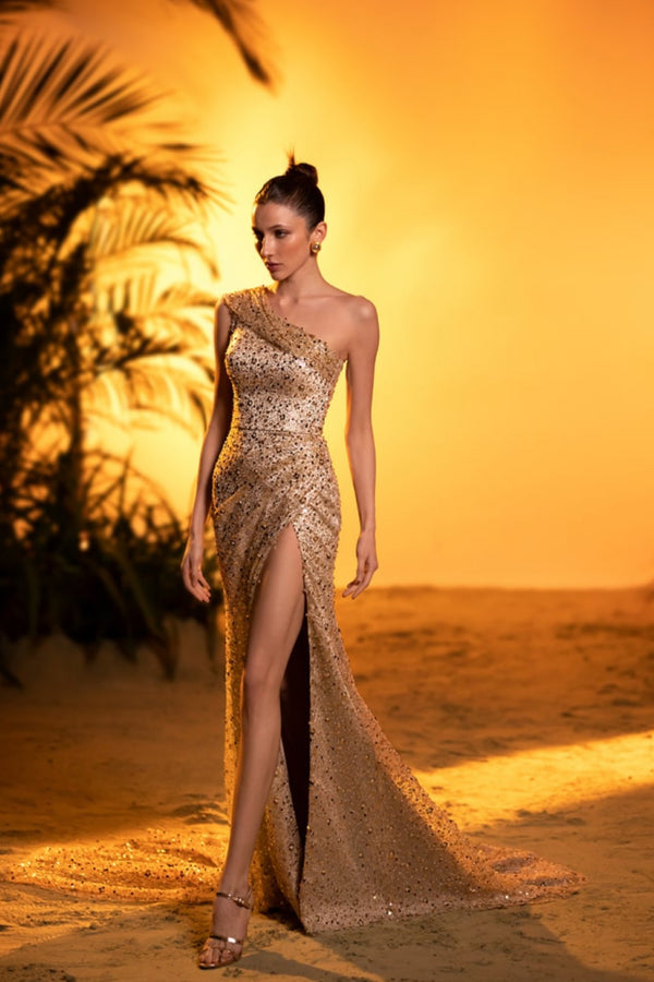 W Gaea One Shoulder Gold Gown