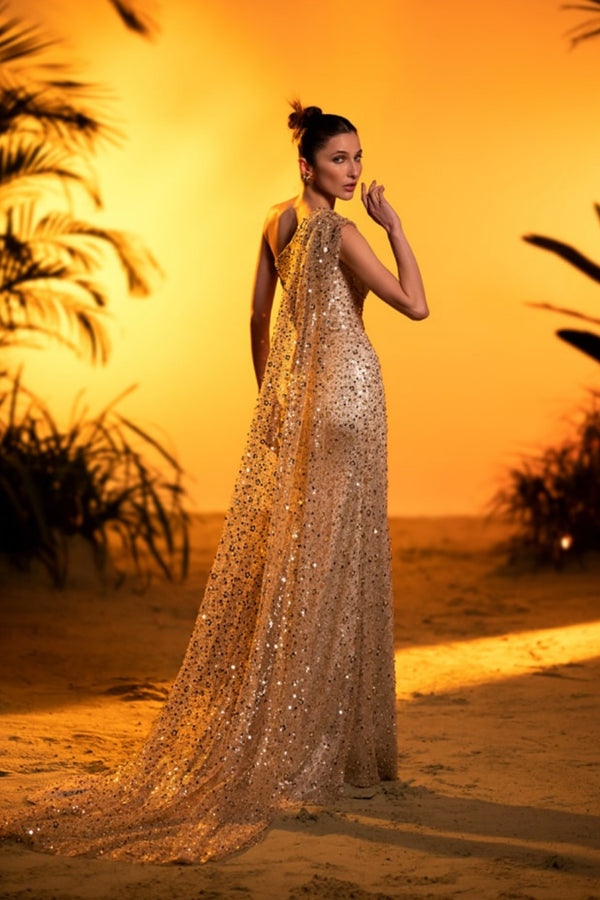 W Gaea One Shoulder Gold Gown