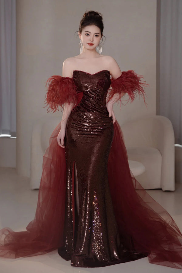 Yzma Overskirt Feather Red Mermaid Gown