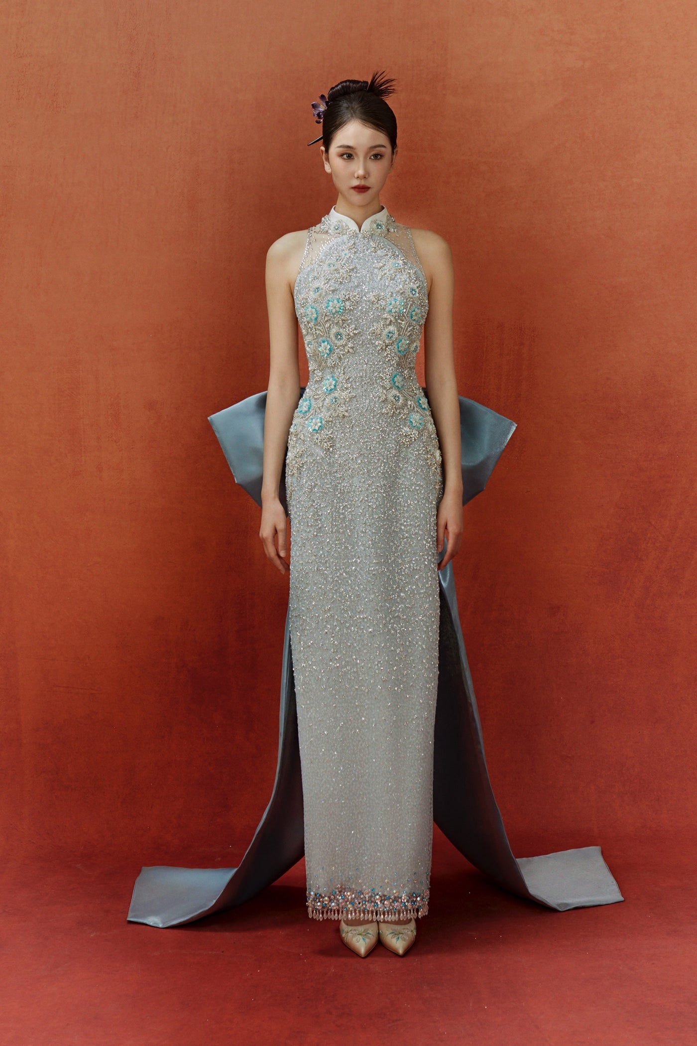 SC Aster Floral Cheongsam with Scarf – GlamEdge Dress & Gown