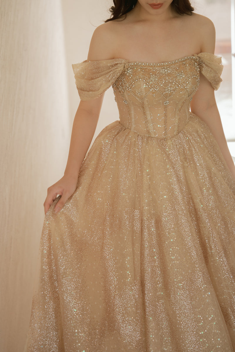 Katie Off Shoulder Glittery Gold Gown