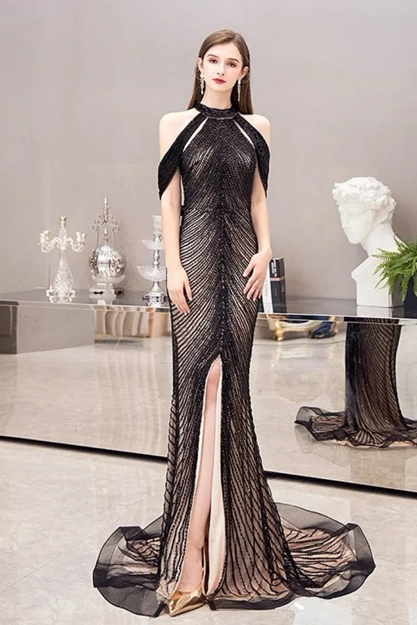 Zahara Halter Beaded Black Gown