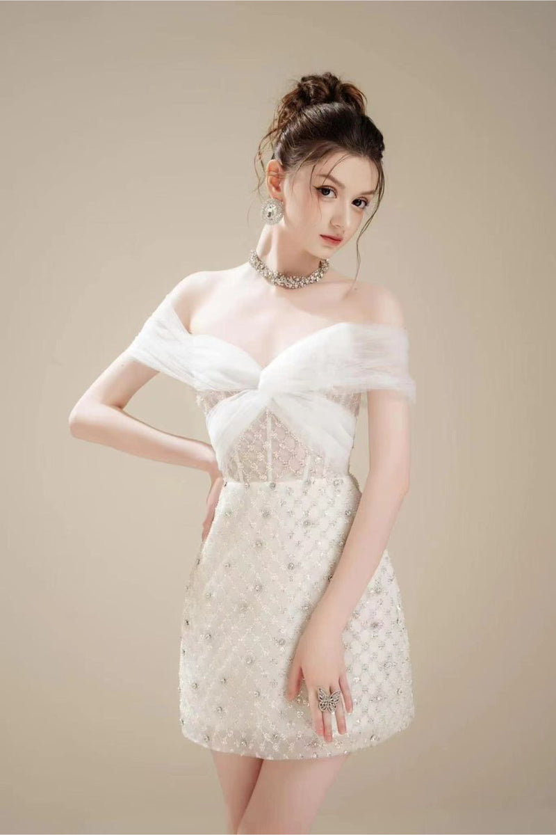 VD Lumin Off Shoulder White Mini Gown