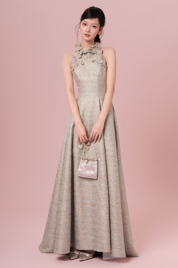 De Garbo Lemonia Floral Halter Grey Green Gown