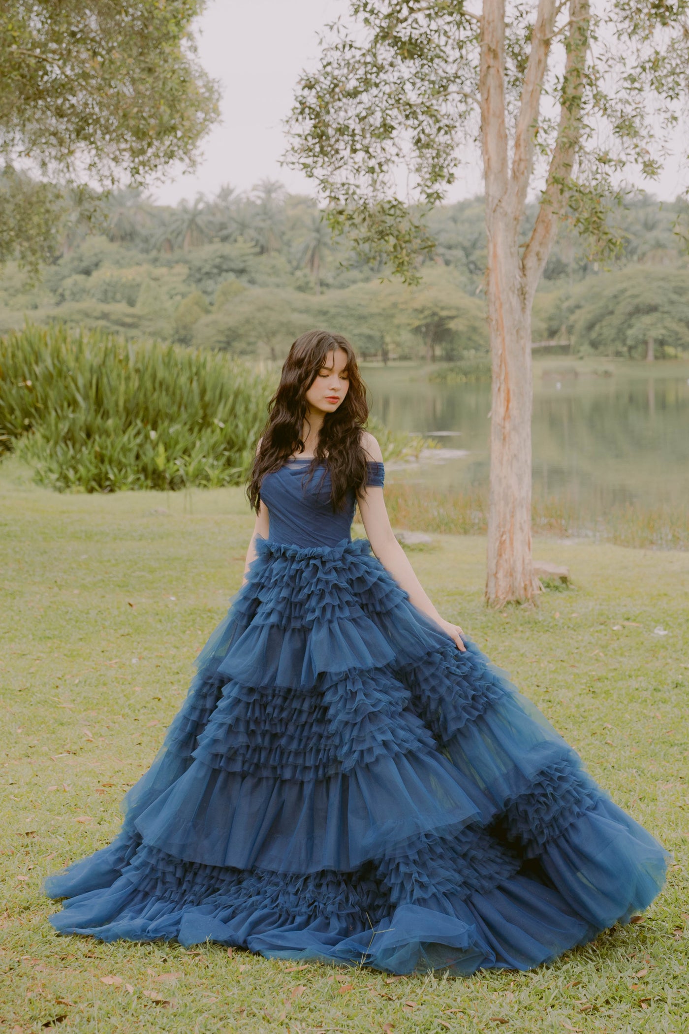 Lena Navy Blue Off Shoulder Ruffles Gown