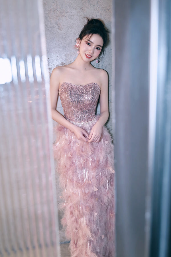 Z Celine Pink Glitter Feather Gown