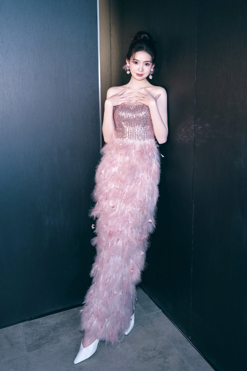 Z Celine Pink Glitter Feather Gown