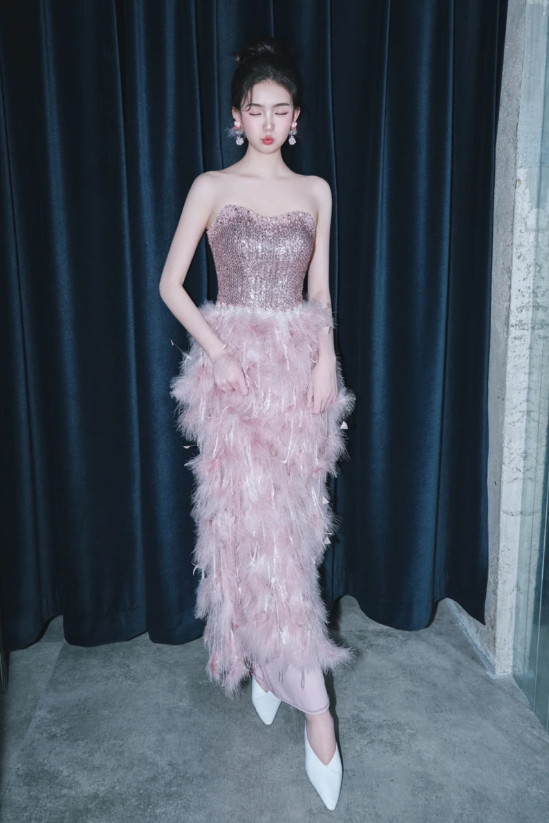 pink glitter feather dress Off-Shoulder Glitter Print Feather Gown by Juliet 2402 Light Pink / 2XL