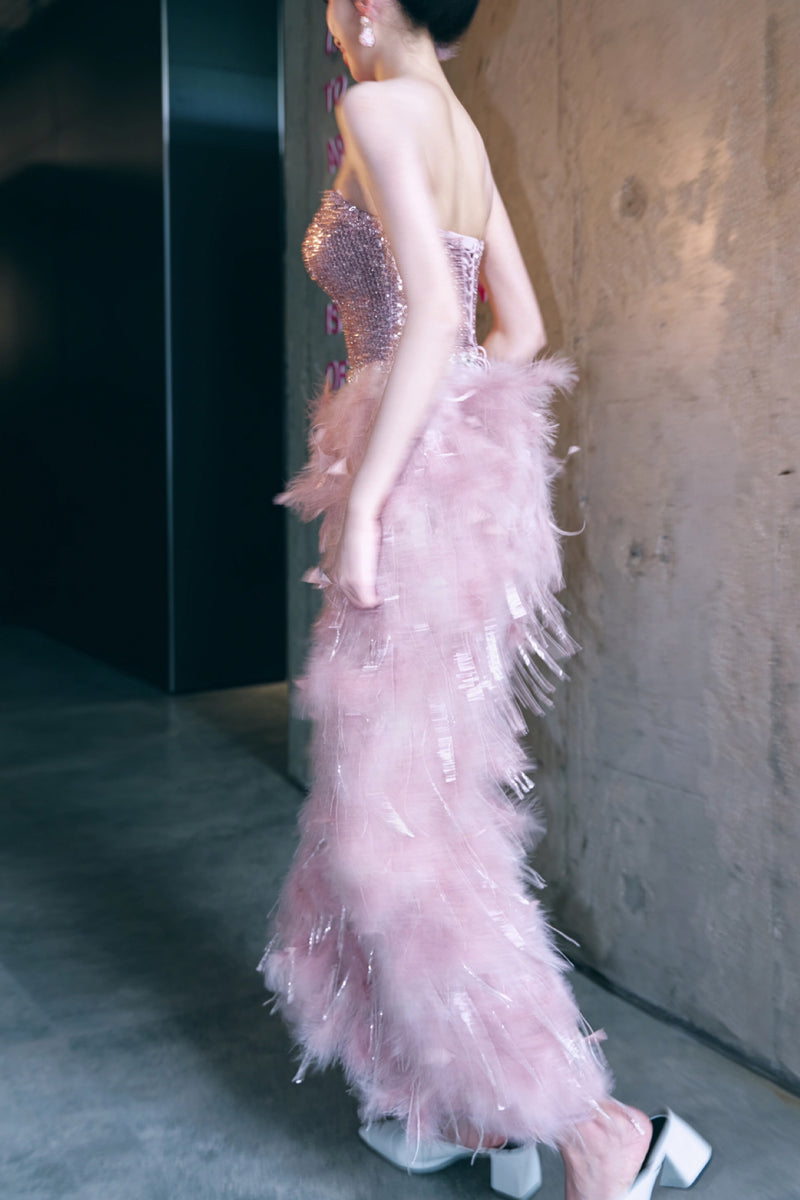 Z Celine Pink Glitter Feather Gown