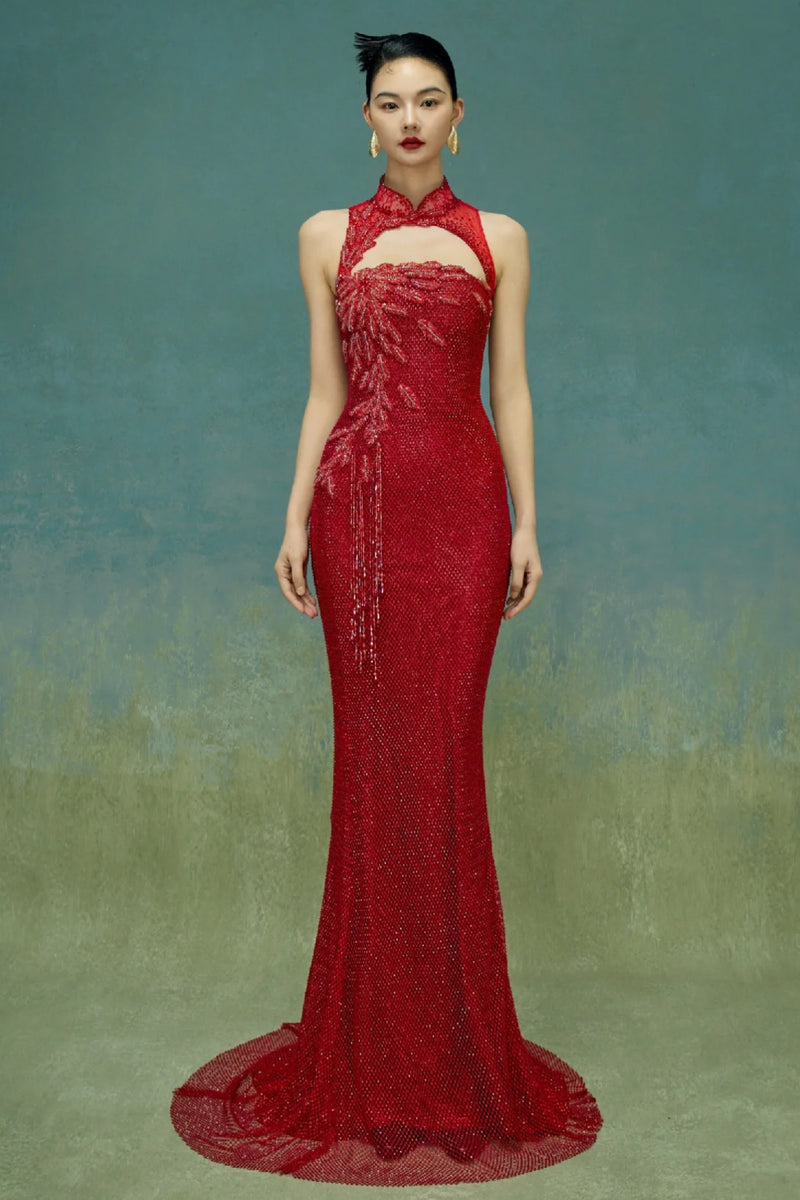 SC HuaHong Sequin Halter Red Cheongsam