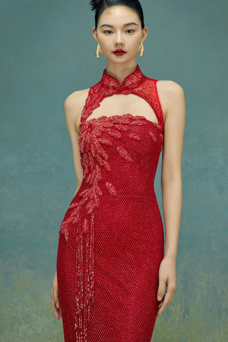 SC HuaHong Sequin Halter Red Cheongsam