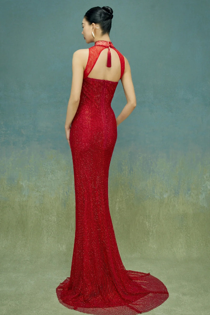 SC HuaHong Sequin Halter Red Cheongsam