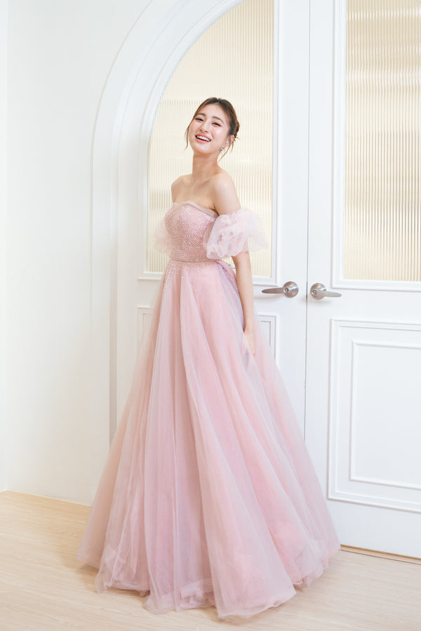 Odette Crystal Puffy Sleeve Blush Gown