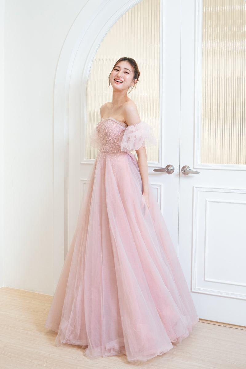Odette Crystal Puffy Sleeve Blush Gown