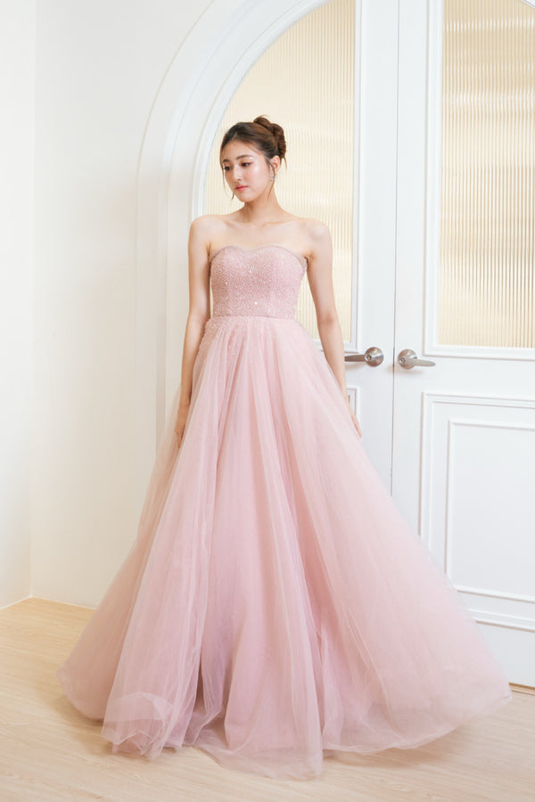 Odette Crystal Puffy Sleeve Blush Gown