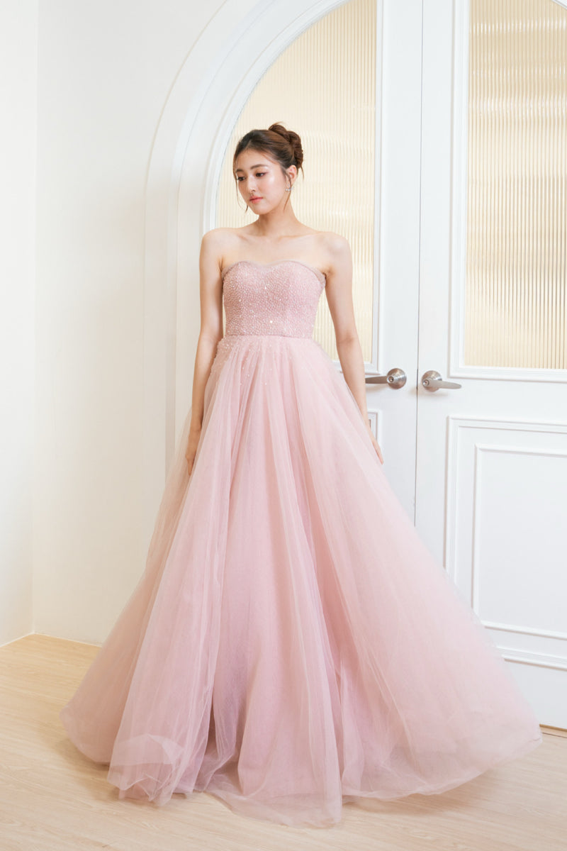 Odette Crystal Puffy Sleeve Blush Gown