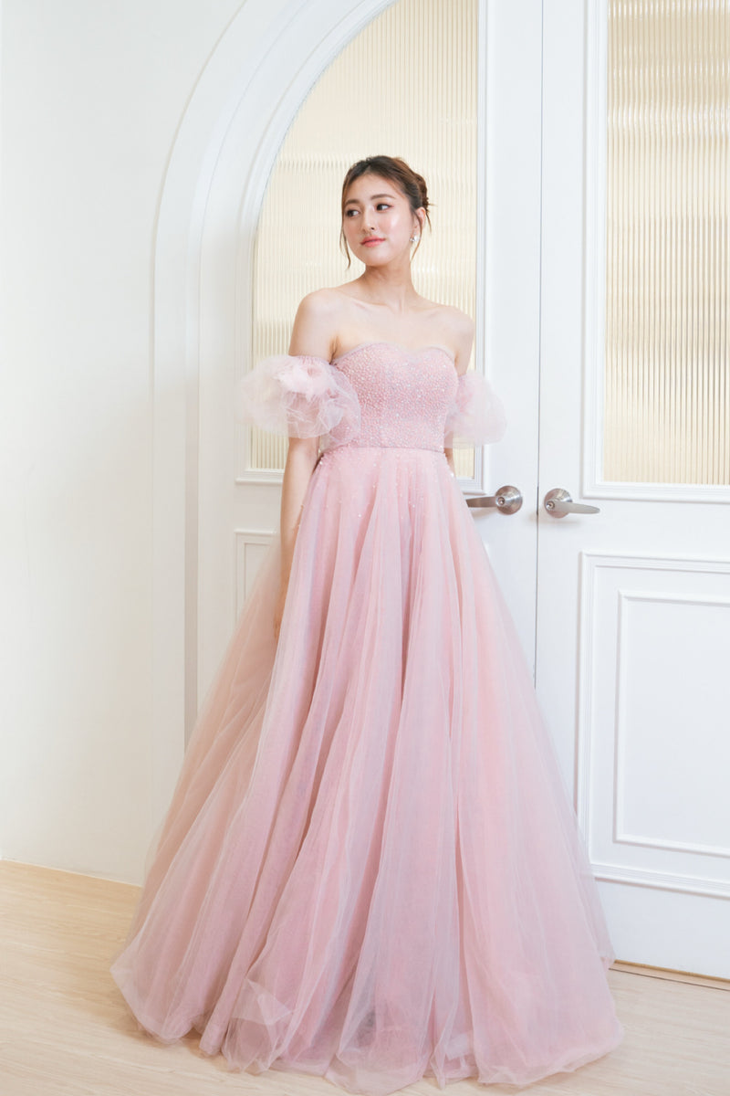 Odette Crystal Puffy Sleeve Blush Gown