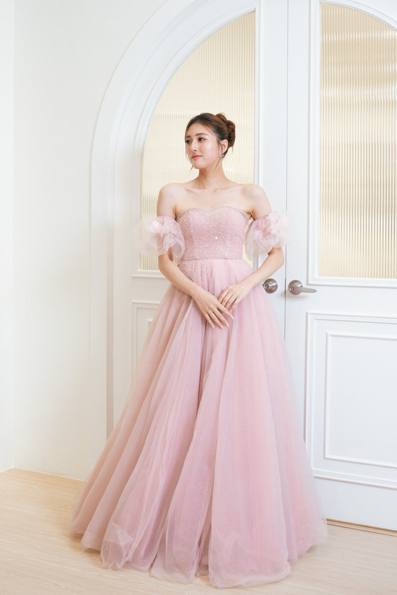 Odette Crystal Puffy Sleeve Blush Gown