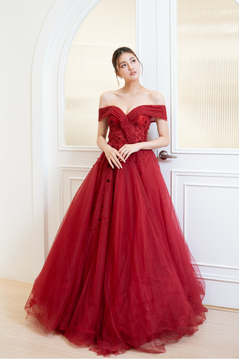 Ruby Off Shoulder Red Floral Ballgown