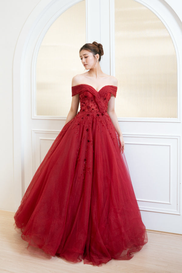 Ruby Off Shoulder Red Floral Ballgown