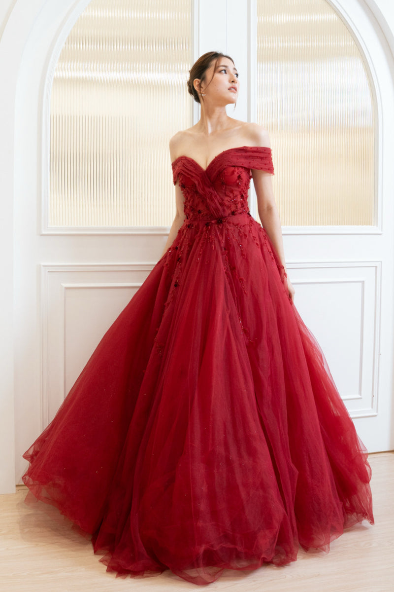 Ruby Off Shoulder Red Floral Ballgown