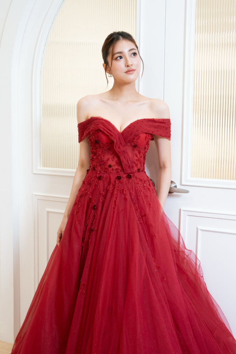 Ruby Off Shoulder Red Floral Ballgown