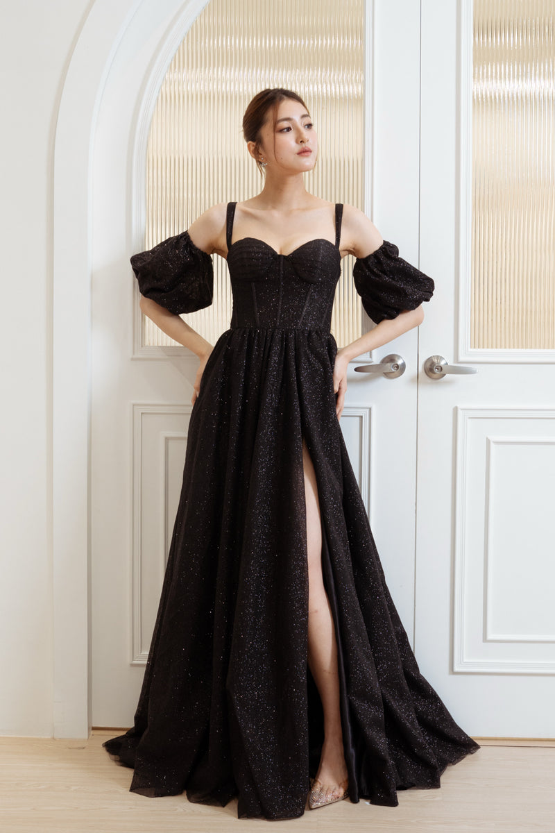 Dahlia Glitters Black Puffy Sleeve Gown