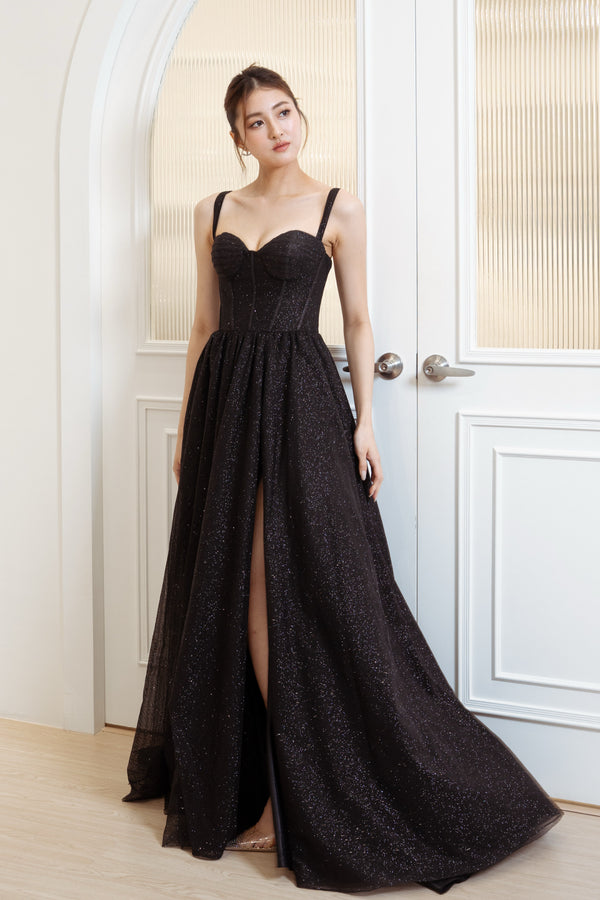 Dahlia Glitters Black Puffy Sleeve Gown
