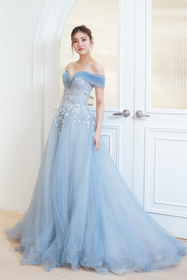 Ruby Off Shoulder Blue Floral Ballgown
