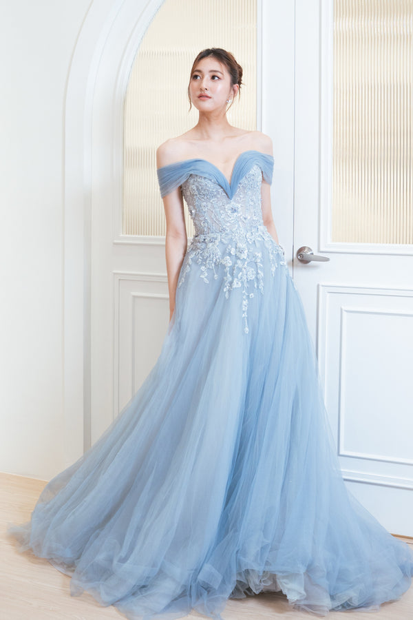 Ruby Off Shoulder Blue Floral Ballgown