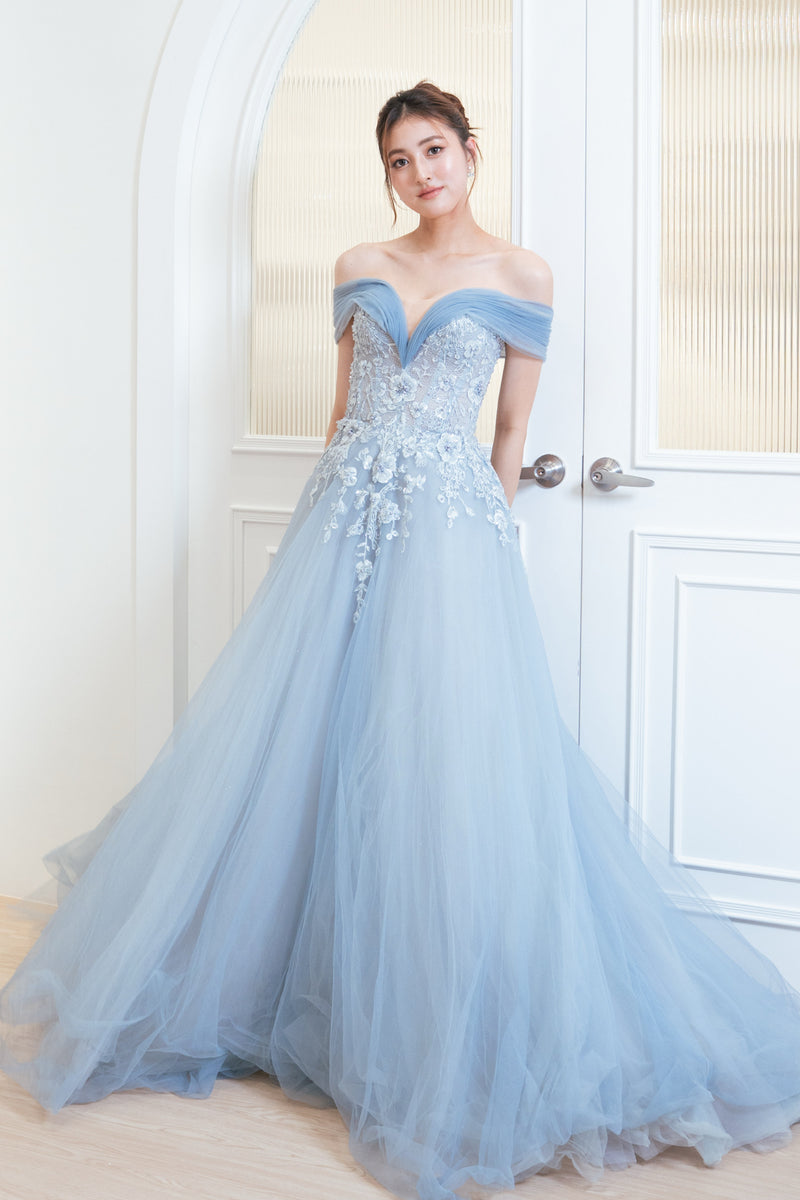 Ruby Off Shoulder Blue Floral Ballgown