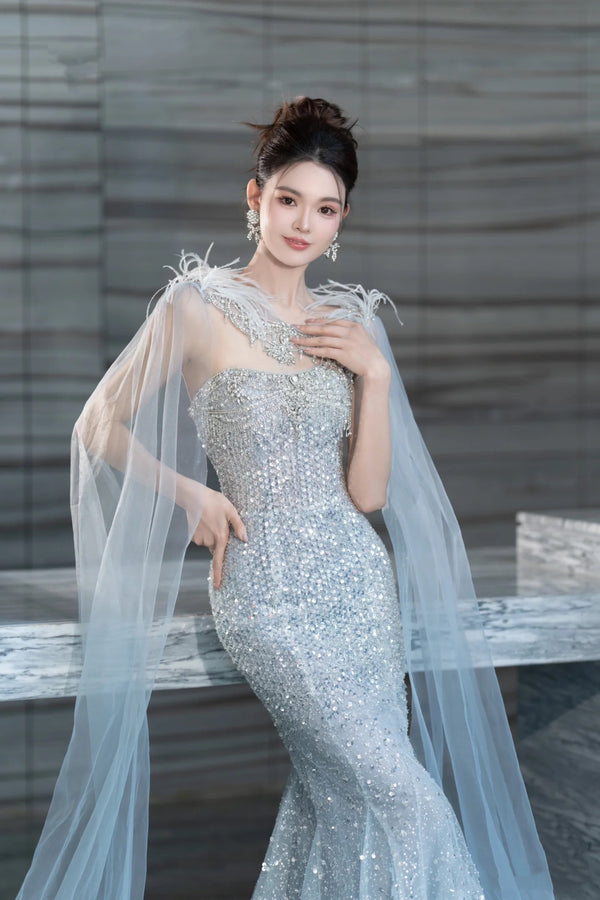 XJ Shane Silver Sequin Mermaid Gown