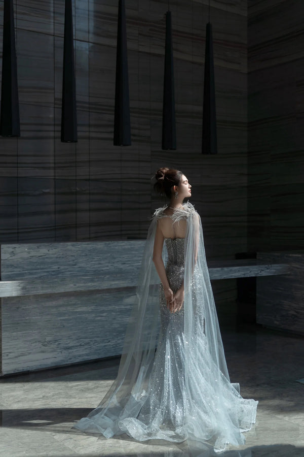XJ Shane Silver Sequin Mermaid Gown