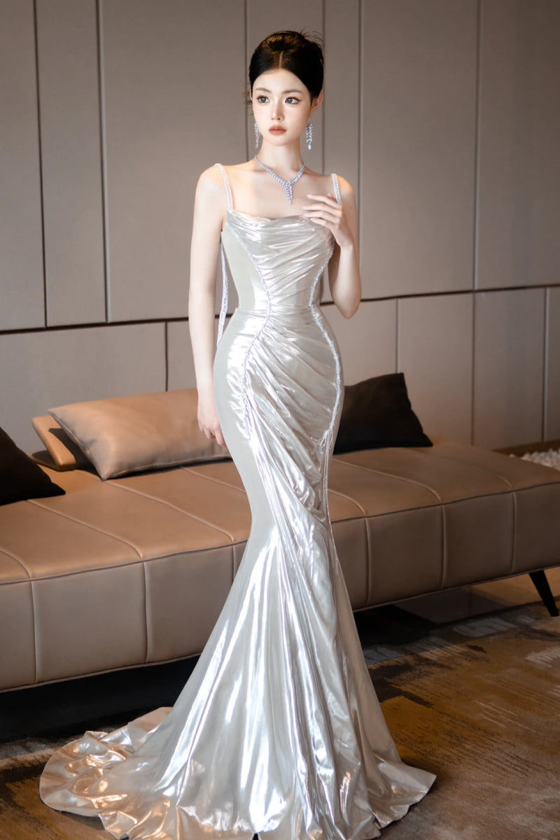 Leisa Silver Mermaid with Feather Cape Gown