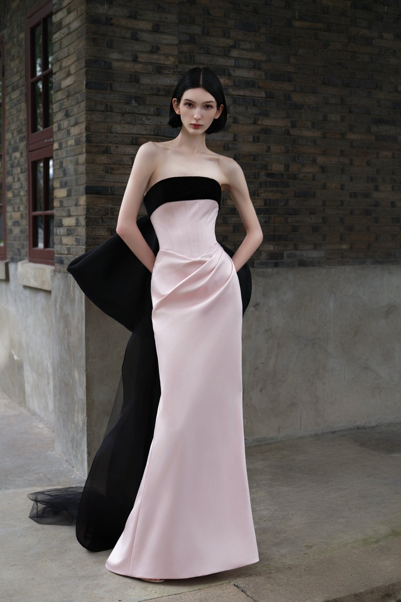 black dress pink ribbon Hepburn Style Black Pink Bow Tie Flower Long Prom Dresses